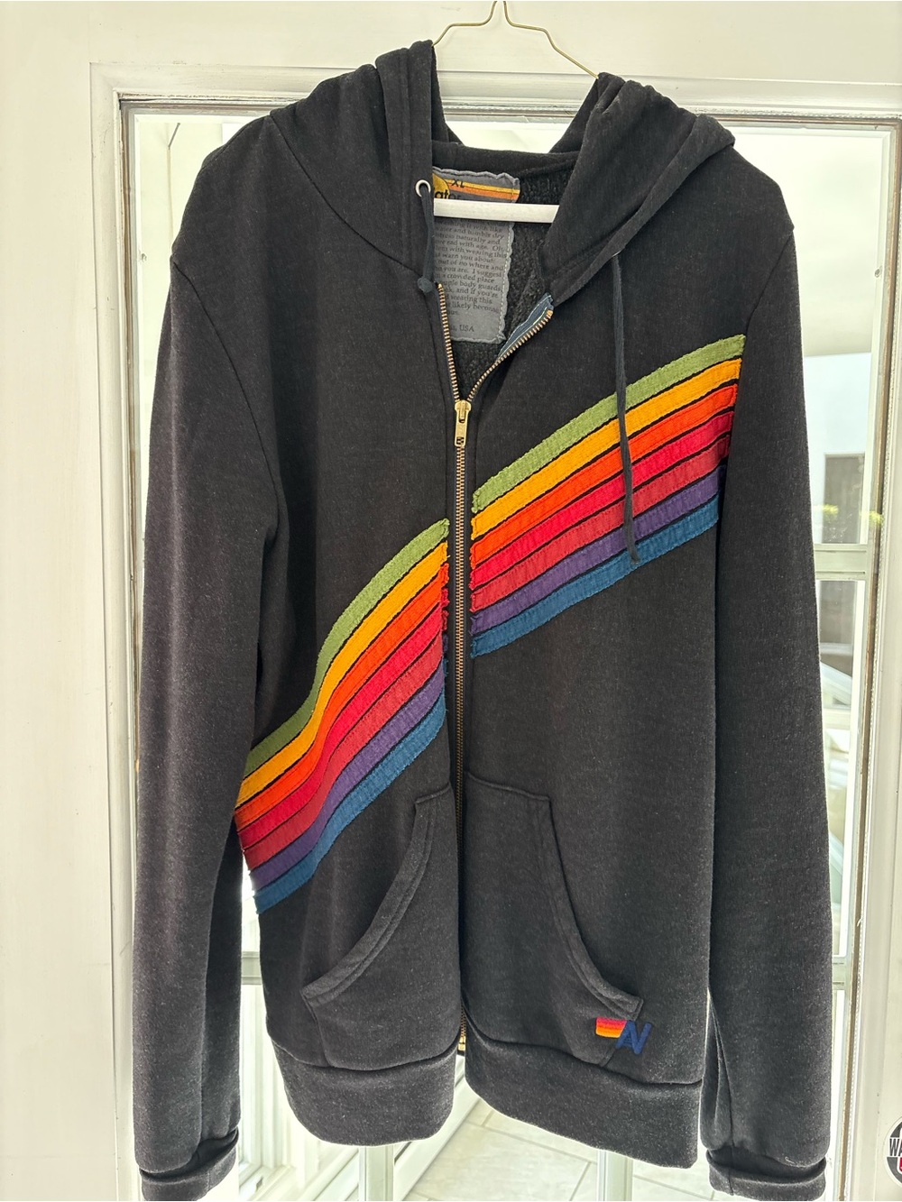 Aviator Nation Black Zip Hoodie with Diagonal Rainbow Stripes